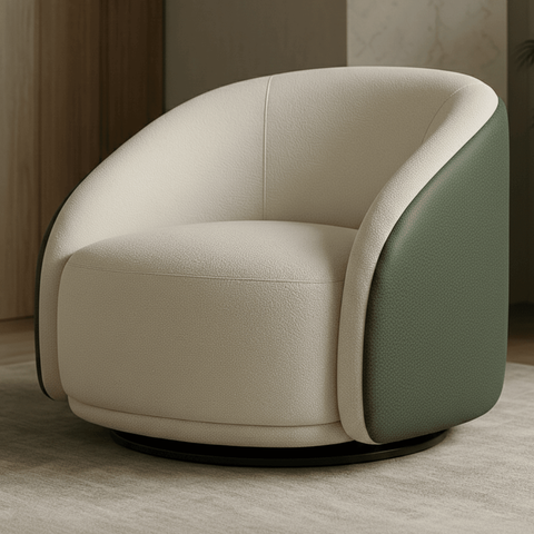Poltrona Orgânica Giratória Luxuosa Bouclé Bege Corino Verde Design Moderno Sala Estar Quarto Hall