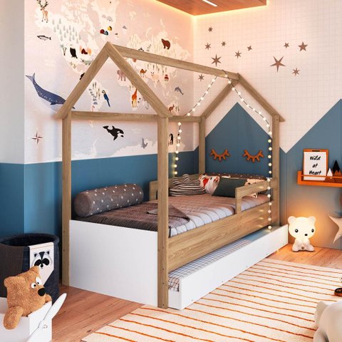 Cama Montessoriana Infantil Estilo Casinha com Cama Auxiliar Cor:aveiro Oak com Branco