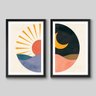 Conjunto de 2 Quadros Abstrato Sol e Lua - 2 Quadros 45x30cm - Moldura Padrão Preto - 1