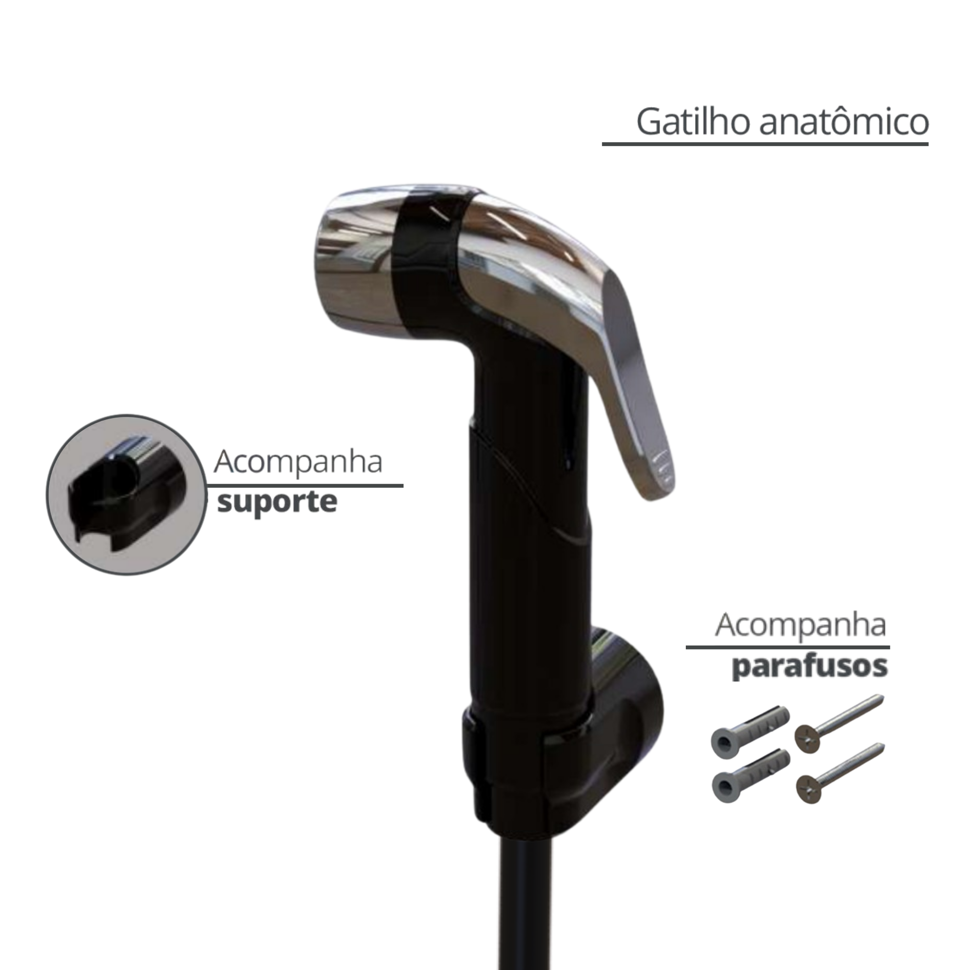 Ducha Higiênica Modelo Registro 1/4 de Volta Comp. 120cm Linha Berlim Cor Preto e Cromado Durín - 2