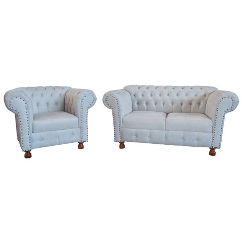 Conjunto Sofá Namoradeira Luis XV Chesterfield Capitone Suede Nude Decorativa / Sala, Tv, Estar, Rec