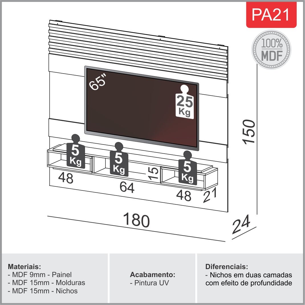 Painel Suspenso Pa21 C/ Nicho 1,80mts Off White/freijó - 6