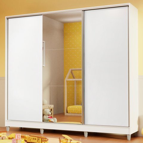 Guarda Roupa Infantil 100% Mdf Madesa Logan 3 Portas de Correr com Espelho com Pés - Branco