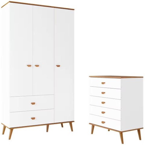Guarda Roupa Infantil + Cômoda Ternura 3 Portas 2 Gavetas MDP Branco Wood Bartira Móveis