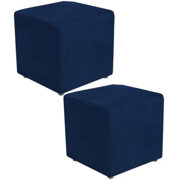 Kit 2 Puffs Quadrado Decorativo Suede Azul Marinho - 1