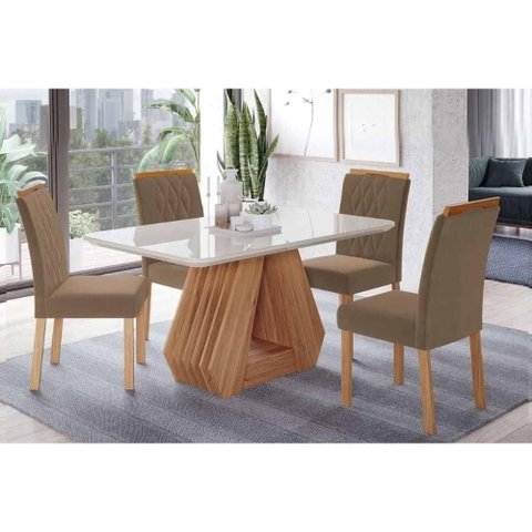 Conjunto: Mesa Sala Jantar Ágata Tampo Madeirado C/ Vidro 130x80cm e 4 Cadeiras Juliana Cinamomo/