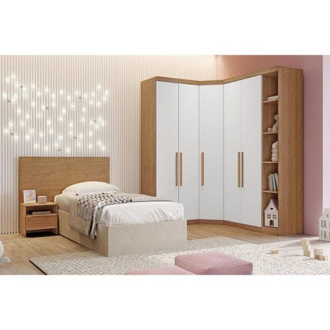 Quarto Modulado Solteiro Rizon 5 Peças (1 Closet + 2 Guarda Roupas + 1 Complemento + 1 Cabeceira