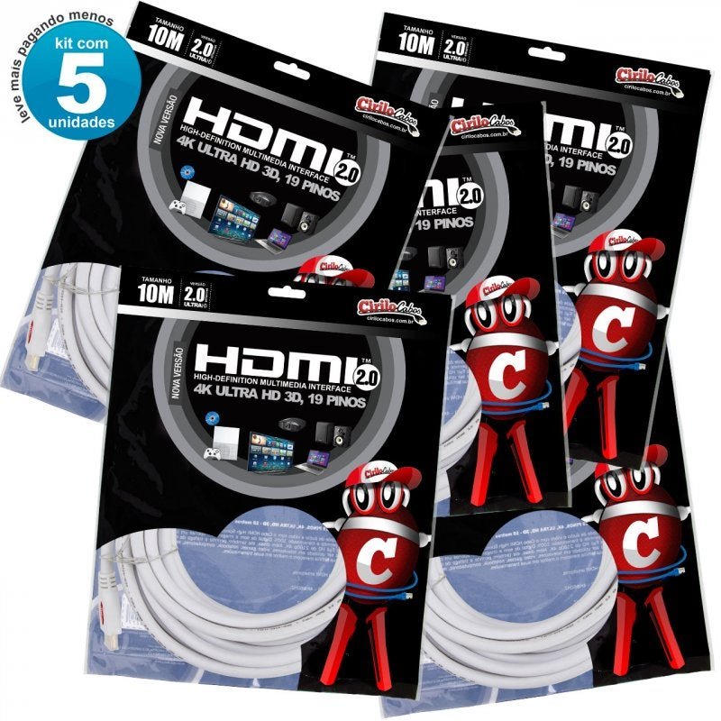 Kit com 5 Cabos Hdmi 2.0 4k Ultra Hd 3d, Branco - 10 Metros - 1