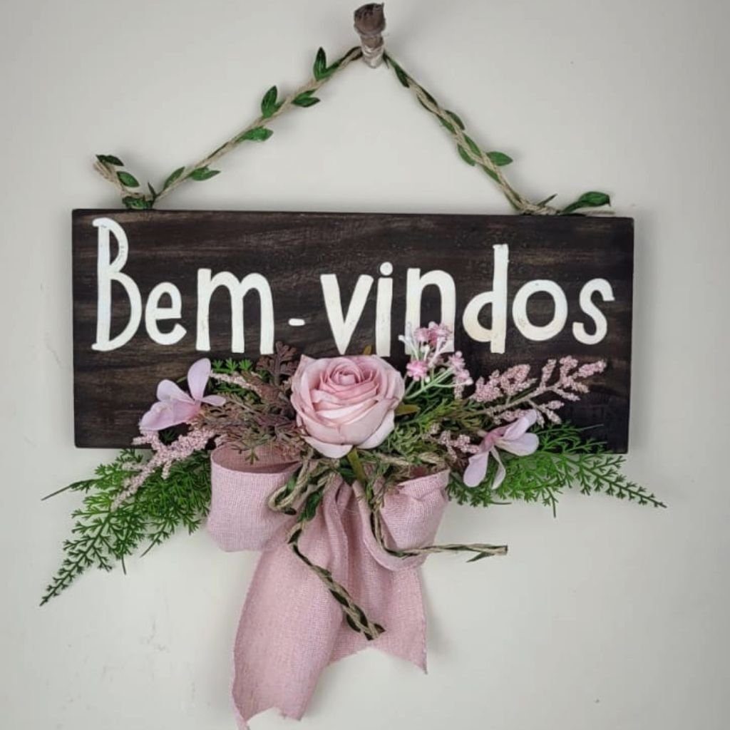 Placa Bem Vindos Rosa e Folhas 35x37