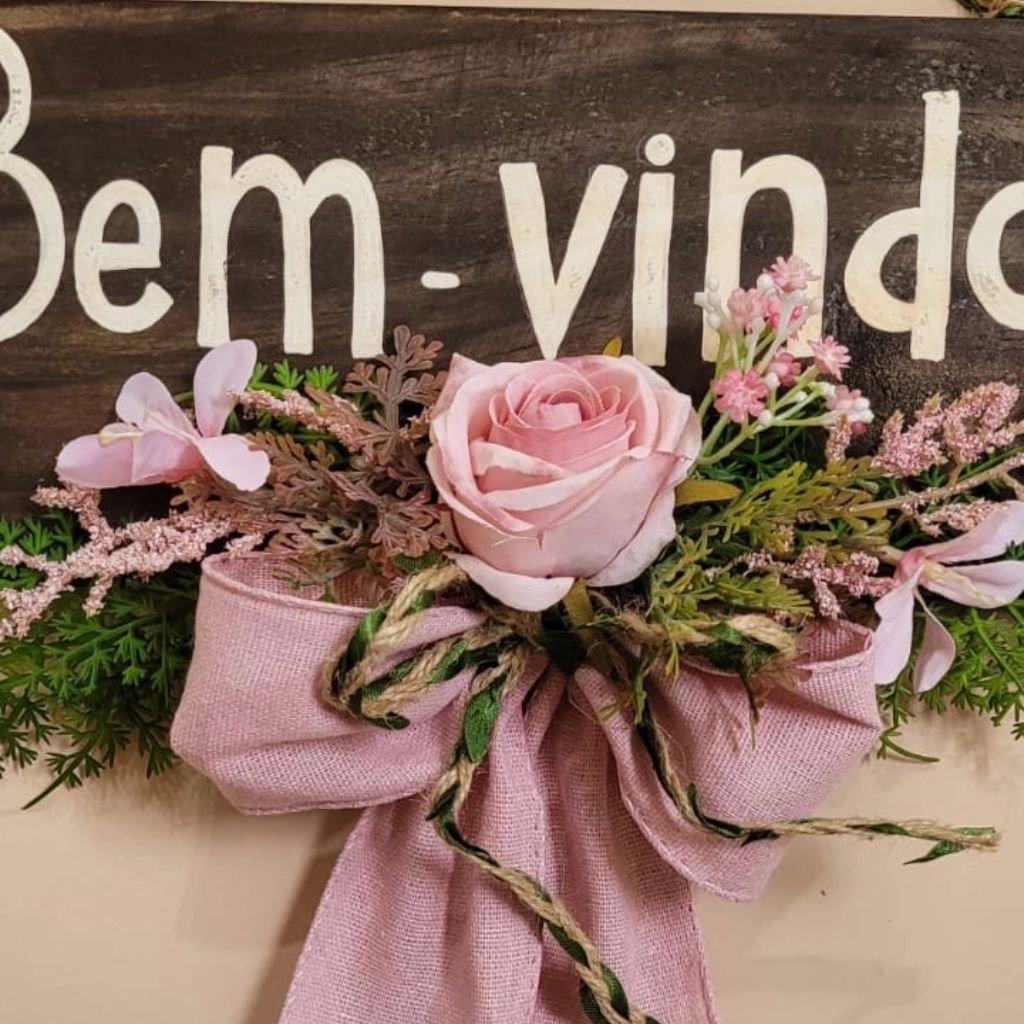 Placa Bem Vindos Rosa e Folhas 35x37 - 5