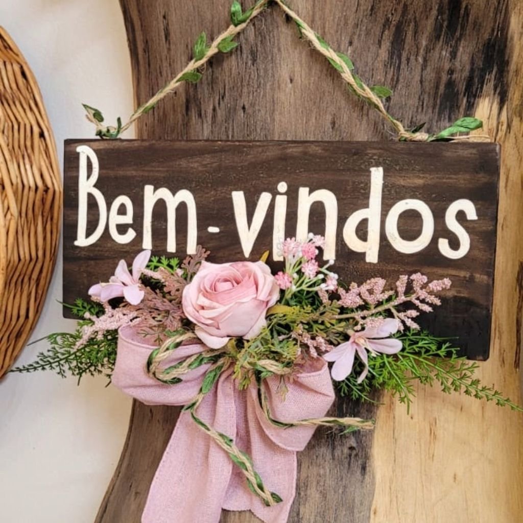 Placa Bem Vindos Rosa e Folhas 35x37 - 4