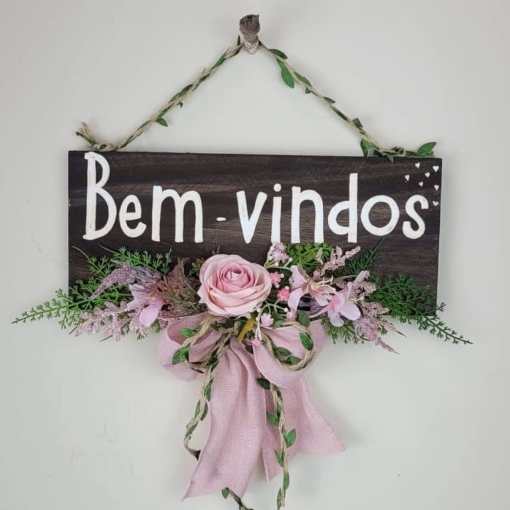 Placa Bem Vindos Rosa e Folhas 35x37 - 2