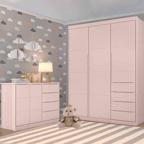 Jogo de Quarto com Guarda Roupa 3 Portas e 4 Gavetas + Cômoda 2 Portas e 4 Gavetas Pérola Rosê -