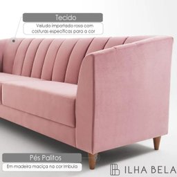 Sofá 3 Lugares Charlô em Veludo Rosa e Encosto em Cordão 2,3M - Ilha Bela - 3 Sofá 3 Lugares Charlô em Veludo Rosa e Encosto em Cordão 2,3M - Ilha Bela - 3