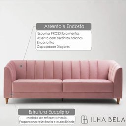 Sofá 3 Lugares Charlô em Veludo Rosa e Encosto em Cordão 2,3M - Ilha Bela - 2 Sofá 3 Lugares Charlô em Veludo Rosa e Encosto em Cordão 2,3M - Ilha Bela - 2