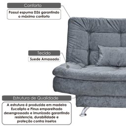 Sofá Cama Salomé 3 Lugares 1,85M Encosto Retrátil - Suede Dark Chumbo - 2