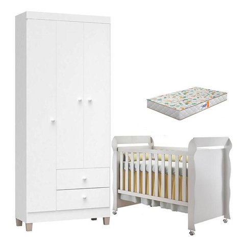 Berço Americano Mirelle com Colchão Gazin e Guarda Roupa Ternura Baby 3 Portas Branco Brilho - Incor