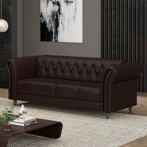 Sofá Living Sala de Estar Stanford Chesterfield 2 Lugares 220cm Pés de Madeira Couro Wine Vinho G58 