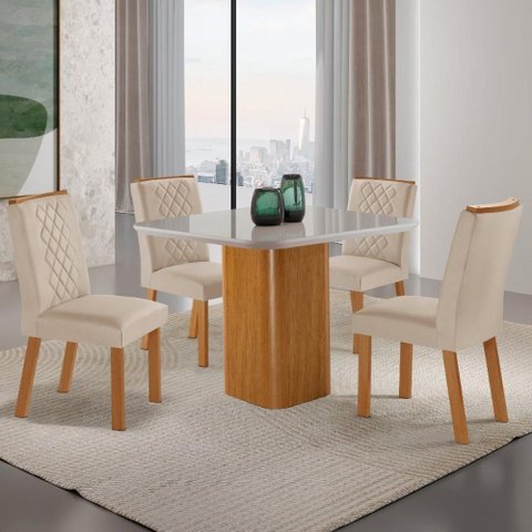 Conjunto Mesa de Jantar 90cm com 4 Cadeiras Estofadas Multimóveis Crrft-CON050 Madeirado/Off White/