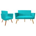 Ver imagem 1 de Kit Namoradeira + 1 Poltrona Decorativa Nina Suede Azul Tifany Pés Madeira Mz Decor