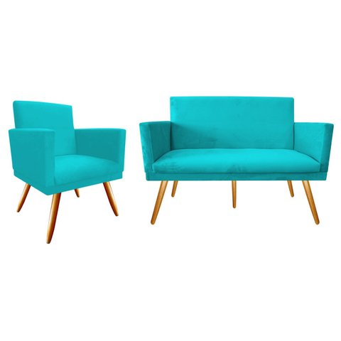 Kit Namoradeira + 1 Poltrona Decorativa Nina Suede Azul Tifany Pés Madeira Mz Decor