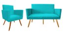 Ver imagem 1 de Kit Namoradeira + 1 Poltrona Decorativa Nina Suede Azul Tifany Pés Madeira Mz Decor