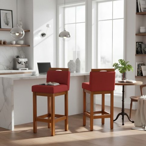 Kit 2 Banqueta Alta de Madeira Aurora Balcão Cozinha Bistro com Encosto Suede Vermelho