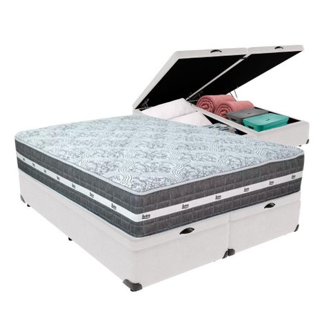 Cama Box com Baú Branco e Colchão Queen Black Grafit Anjos