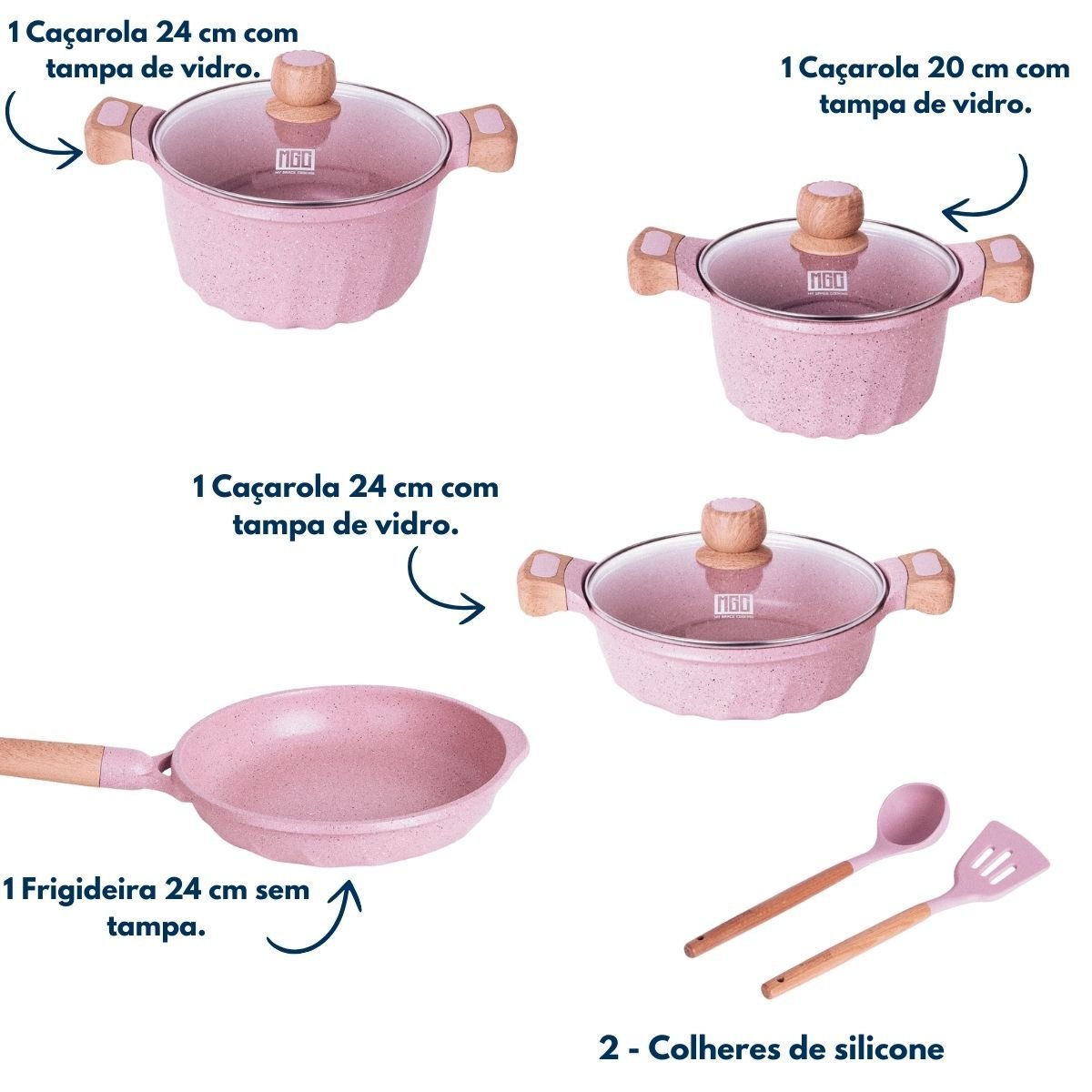 Jogo Panelas Antiaderente Revestimento Mármore 9 Peças Rosa - 2
