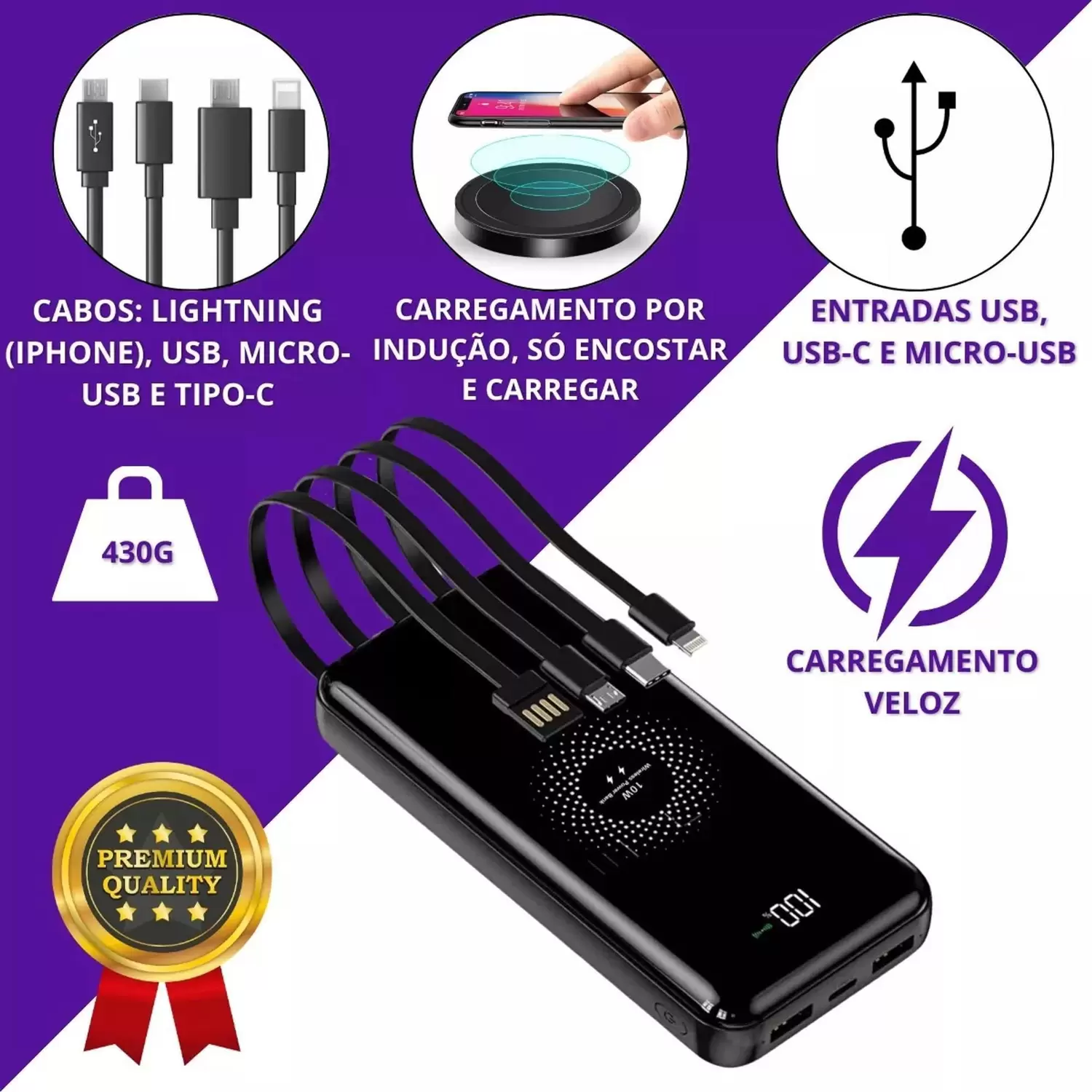 Carregador Portátil 20000mah Indução Power Bank 4 Em1 Bateria Externa ...