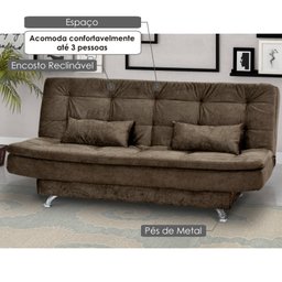 Sofá Cama Salomé 3 Lugares 1,85M Encosto Retrátil Espuma D26 Pés de Alumino - Suede Amassado Marrom - 3 Sofá Cama Salomé 3 Lugares 1,85M Encosto Retrátil Espuma D26 Pés de Alumino - Suede Amassado Marrom - 3