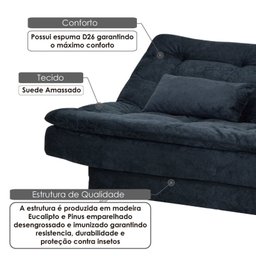 Sofá Cama Salomé 3 Lugares 1,85M Encosto Retrátil - Suede Preto - 2 Sofá Cama Salomé 3 Lugares 1,85M Encosto Retrátil - Suede Preto - 2