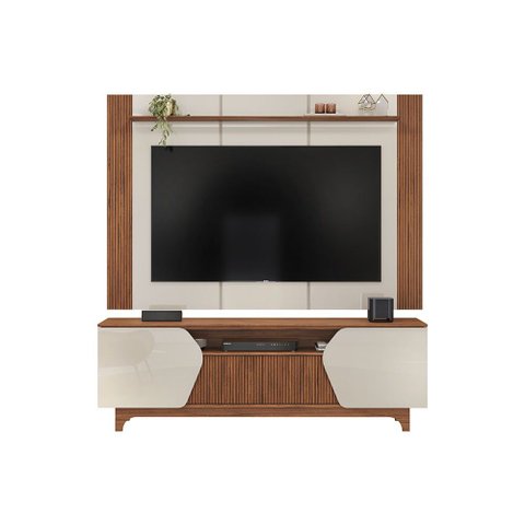 Painel e Bancada Tv 75" Rocha Ripado Canelado 4 Portas Offwhite/freijó G18 - Gran Belo
