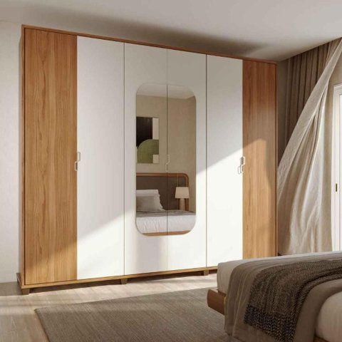 Guarda Roupa Casal 6 Portas com Espelho 100% MDF Dayton 274cm - Canella com Off White Fosco