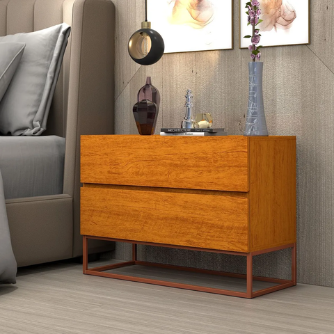 Conjunto 2 Mesas de Apoio de Cabeceira Eros 60cm Base Metálica Cobre para Quarto Moderno:naturale