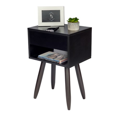 Mesa de Cabeceira Retrô 40cm Preto Gaveta e Nicho Pés Palito Madeira Escura - Enviamos Montado