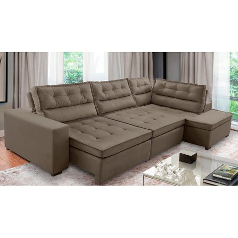 Sofá de Canto Retrátil e Reclinável com Molas 3,00x2,00 Virginia Suede Cappuccino Adonai