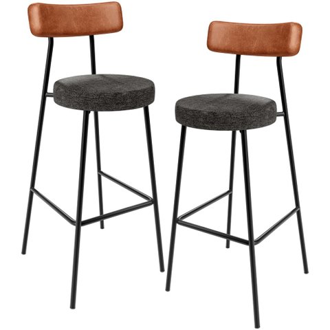 Kit 02 Banquetas Alta Cozinha Sala Jantar Aço Milão L02 Couríssimo Camel Linho Chumbo - Lyam Decor