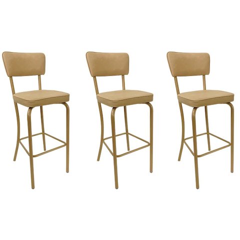 Kit 3 Banquetas Olivia - Altura 65cm para Bar e Cozinha Dourado Fosco com Assento Confortável Cor Be