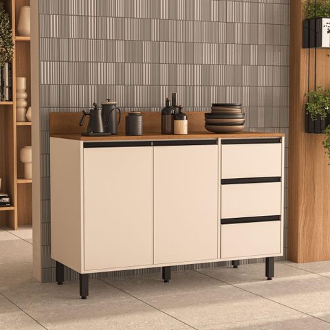 Balcão de Cozinha 120x92,5cm 3 Gavetas 2 Portas com Tampo Creme 250002