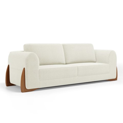 Sofá Living Bloom 200cm 03 Lugares com Pés de Madeira Bouclê Off White - Abmaza