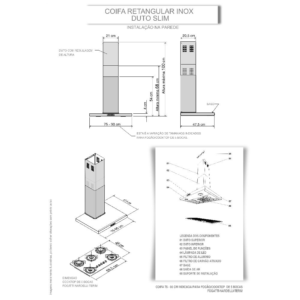 Coifa de Parede 75cm Retangular Duto Slim Fogatti Inox - 5