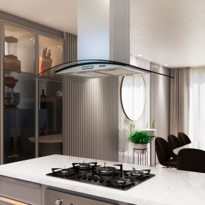 Coifa de Ilha 90cm Vidro Curvo Slim Fogatti Inox