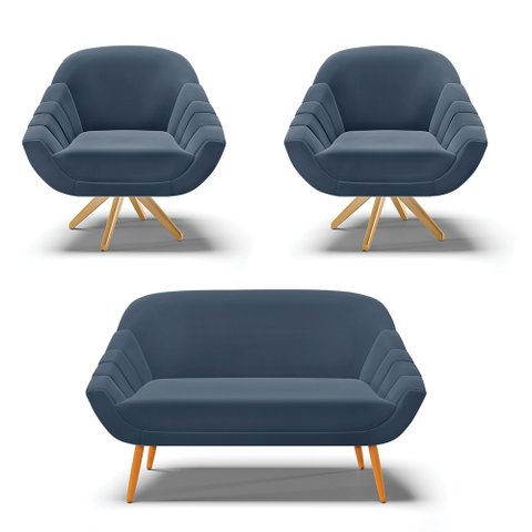 Kit 01 Namoradeira 02 Lugares e 02 Poltronas Giratória Giovana Suede Azul Marinho Base Madeira