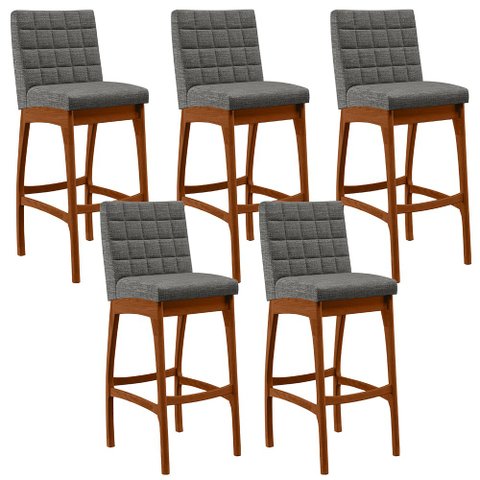 Kit 05 Banquetas Altas Para Cozinha Sala de Jantar Fixa Mila B04 Linho Cinza Escuro - Lyam Decor