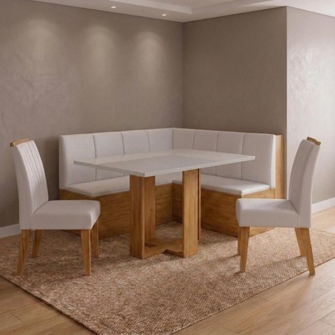 Canto Alemão Baú com Mesa Retangular Tampo em Vidro e 2 Cadeiras Casuá Mel Off White