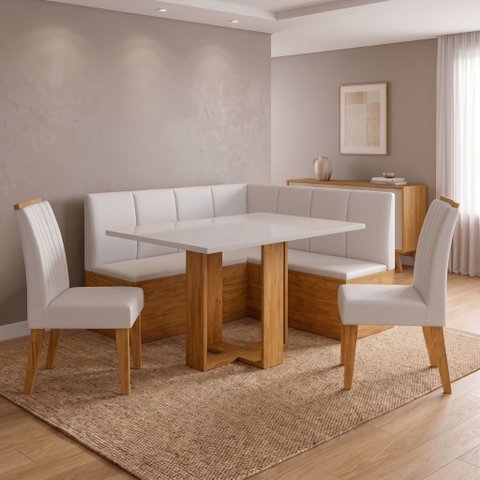 Canto Alemão Baú com Mesa Retangular Tampo em Vidro e 2 Cadeiras Casuá Mel Off White