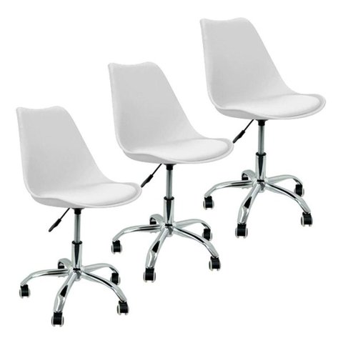 Kit 3 Cadeira Home Office Leda Giratória, Base Cromada com Rodízios, Regulagem de Altura,Branco