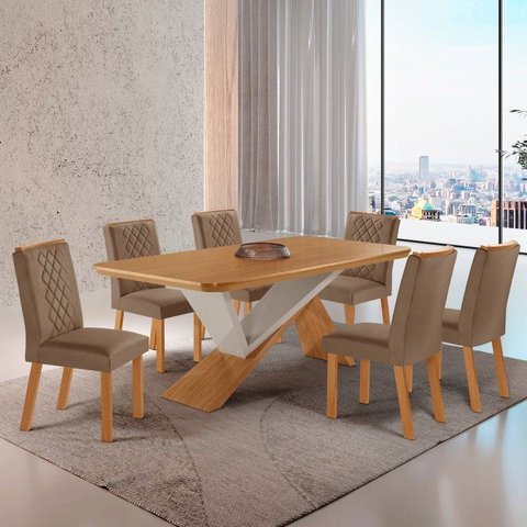 Conjunto de Mesa 180cm com 6 Cadeiras Kate MDF Marrom Capuccino e Off White