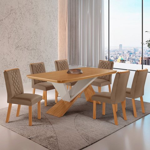 Conjunto Sala de Jantar Mesa Texas Tampo 180cm Canto Copo de MDF e 6 Cadeiras Kate Marrom/Capuccino/Marromle/Off White